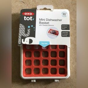 OXO Tot Mini Dishwasher Basket. 
7 1/8 x 4 7/8 x 5/8 inches (L x W x H)